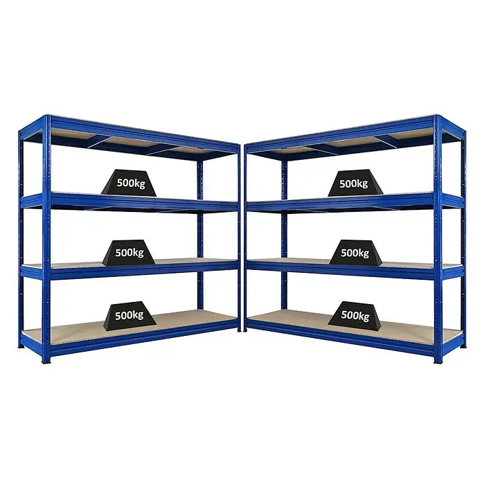 Mega Deal | 2x Schwerlastregal DINO | HxBxT 180x200x60cm | 4 Spanplatten-Ebenen 16mm | Fachlast 500kg | Blau - 