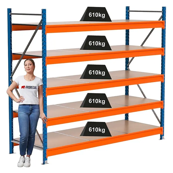 PROREGAL Industrie Weitspannregal Lagerregal MAXIMUS PRO Grundregal HxBxT 200x225x80cm 5 Ebenen, Spanplatten-Fachboden, Fachlast 610 kg Blau/Orange - 