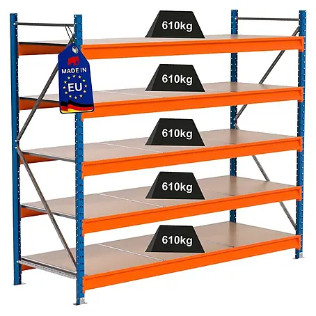 PROREGAL Industrie Weitspannregal Lagerregal MAXIMUS PRO Grundregal HxBxT 200x225x80cm 5 Ebenen, Spanplatten-Fachboden, Fachlast 610 kg Blau/Orange