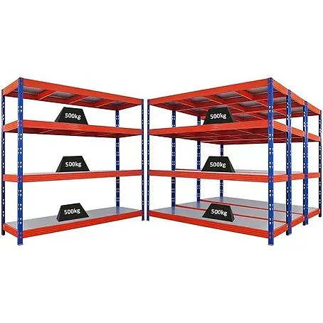Mega Deal | 4x Profi Schwerlastregal Rhino | HxBxT 180x200x60cm | 4 Stahlplatten-Ebenen | Fachlast 500kg | Blau/Orange