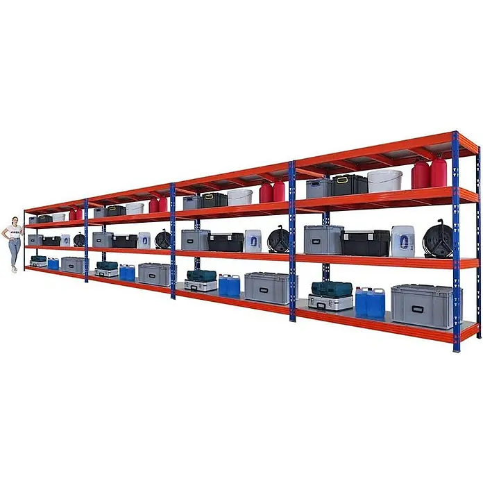 Mega Deal | 4x Profi Schwerlastregal Rhino | HxBxT 180x200x60cm | 4 Stahlplatten-Ebenen | Fachlast 500kg | Blau/Orange - 