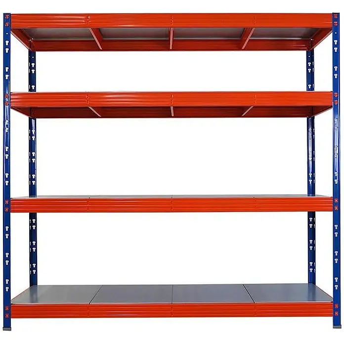 MegaDeal 5xProfi Schwerlastregal Rhino 180x200x60 4 Böden 500kg Blau/Orange -  - Vierstufiges Metallregal mit blauen Stützen, orangen Trägern und grauen Böden.