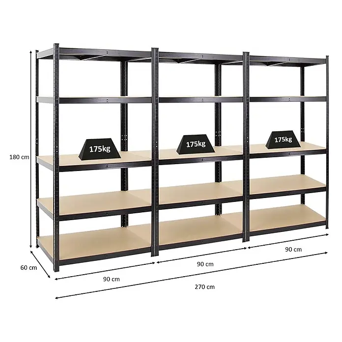 Mega Deal | 3x Schwerlastregal TAURUS | HxBxT 180x90x60cm | Fachlast 175kg | Schwarz - 