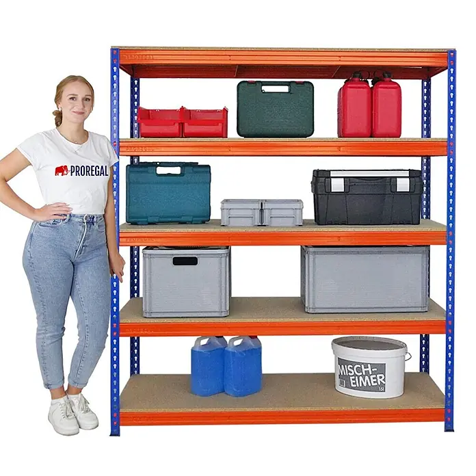 Mega Deal | 4x Profi Schwerlastregal BISON | HxBxT 200x180x60cm | 5 Fachböden | Fachlast 600kg | Blau-Orange - 