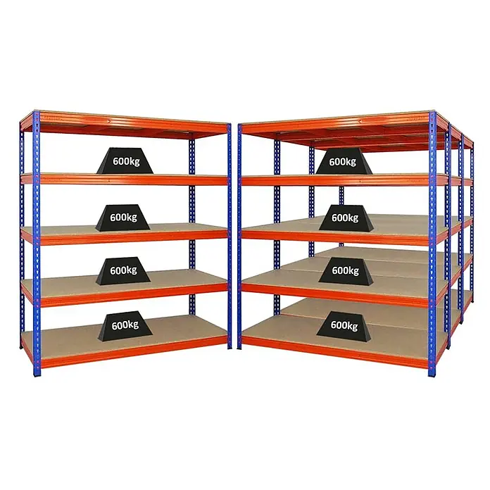 Mega Deal | 4x Profi Schwerlastregal BISON | HxBxT 200x180x60cm | 5 Fachböden | Fachlast 600kg | Blau-Orange - 
