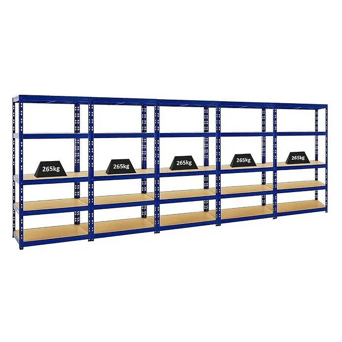 Mega Deal | 5x Schwerlastregal Tiger | HxBxT 180x90x45 cm |  Fachlast 265kg | Blau -  - Großes blaues Metallregal mit mehreren Böden. Fünf 265kg Gewichte auf der zweiten Ablage demonstrieren die Tragfähigkeit.