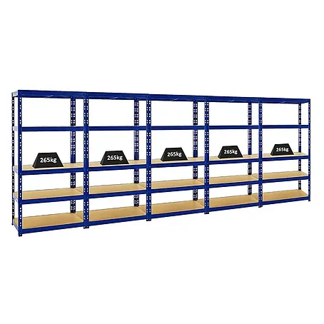 Mega Deal | 5x Schwerlastregal Tiger | HxBxT 180x90x45 cm |  Fachlast 265kg | Blau
