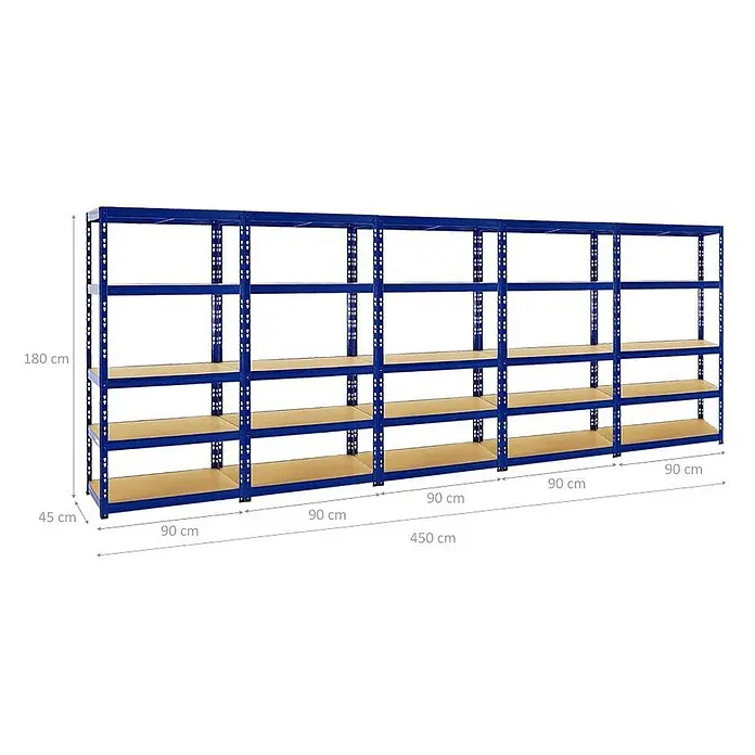 Mega Deal | 5x Schwerlastregal Tiger | HxBxT 180x90x45 cm |  Fachlast 265kg | Blau -  - Blaues Metallregal mit Holzablagen, Maße 180x450x45 cm (HxLxT).