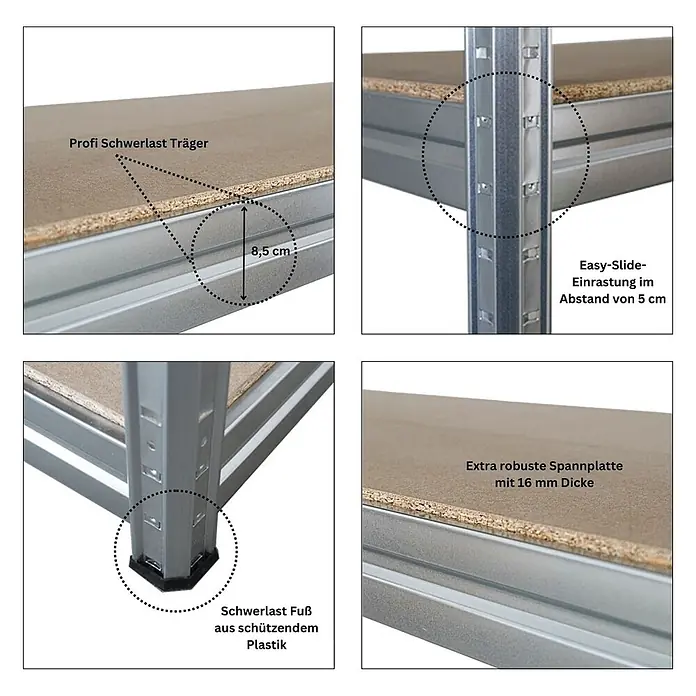 Mega Deal | 2x Schwerlastregal DINO | HxBxT 180x200x60cm | 4 Spanplatten-Ebenen 16mm | Fachlast 500kg | Verzinkt - 
