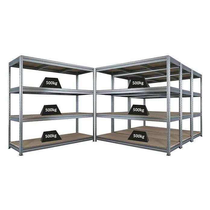 Mega Deal | 4x Schwerlastregal DINO | HxBxT 180x200x60cm | 4 Spanplatten-Ebenen 16mm | Fachlast 500kg | Verzinkt - 