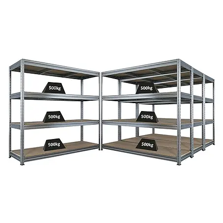 Mega Deal | 4x Schwerlastregal DINO | HxBxT 180x200x60cm | 4 Spanplatten-Ebenen 16mm | Fachlast 500kg | Verzinkt
