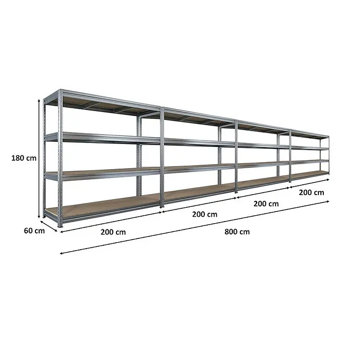 Mega Deal | 4x Schwerlastregal DINO | HxBxT 180x200x60cm | 4 Spanplatten-Ebenen 16mm | Fachlast 500kg | Verzinkt - 