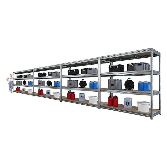 Mega Deal | 4x Schwerlastregal DINO | HxBxT 180x200x60cm | 4 Spanplatten-Ebenen 16mm | Fachlast 500kg | Verzinkt - 