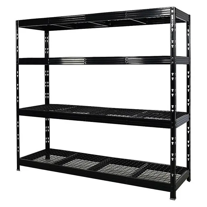 Set Deal 4x Profi Schwerlastregal Rhino 180x200x60cm 4 Böden 500kg Schwarz -  - Schwarz lackiertes 4-etagiges Schwerlastregal mit zwei soliden und zwei Gitterböden.