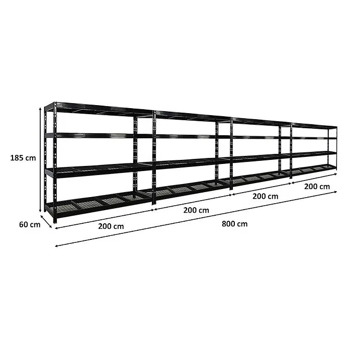Set Deal 4x Profi Schwerlastregal Rhino 180x200x60cm 4 Böden 500kg Schwarz -  - Langes, schwarzes Metallregal mit mehreren Abschnitten, 185 cm hoch, 60 cm tief, 800 cm lang, für Schwerlastlagerung.