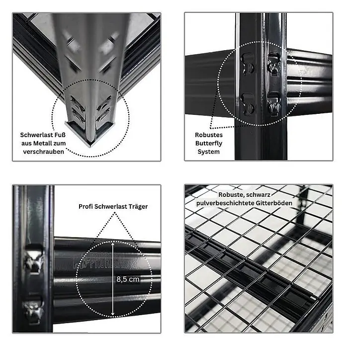 Mega Deal | 4x Profi Schwerlastregal Rhino | HxBxT 180x200x60cm | 4 Gitterrost-Ebenen | Fachlast 500kg | Schwarz - 