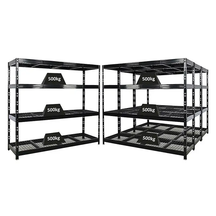 Set Deal 4x Profi Schwerlastregal Rhino 180x200x60cm 4 Böden 500kg Schwarz -  - Zwei schwarze Metallregale mit Gitterböden, die jeweils eine Traglast von 500 kg pro Boden zeigen.