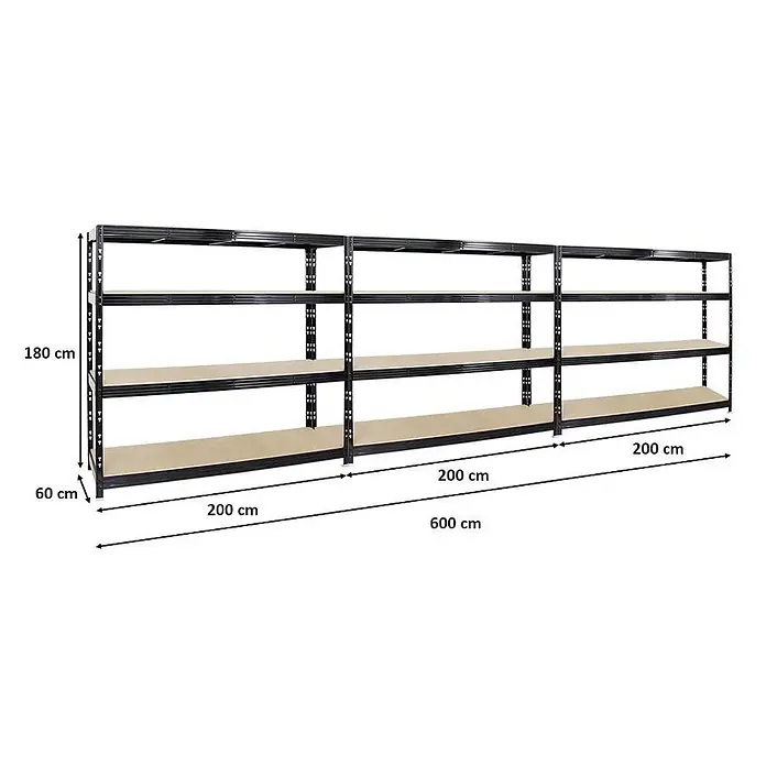 Mega Deal | 3x Profi Schwerlastregal Rhino | HxBxT 180x200x60cm | 4 Spanplatten-Ebenen 16mm | Fachlast 500kg | Schwarz - 