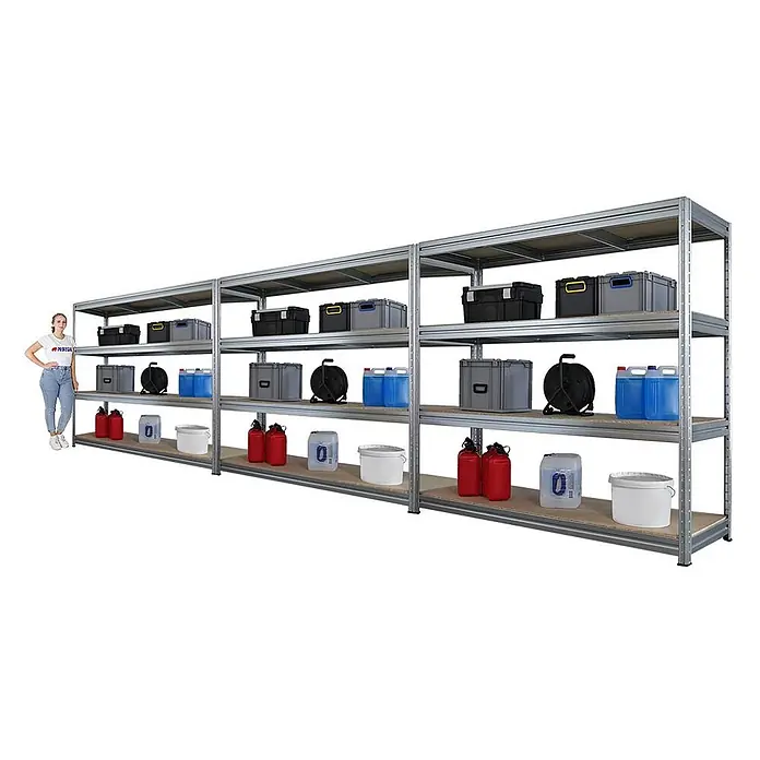 Mega Deal | 3x Schwerlastregal DINO | HxBxT 180x200x60cm | 4 Spanplatten-Ebenen 16mm | Fachlast 500kg | Verzinkt - 