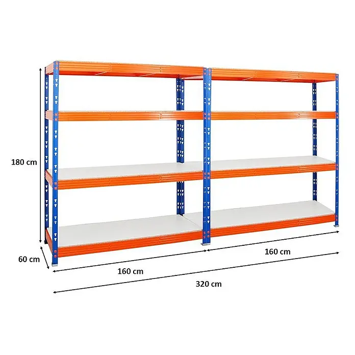 MegaDeal 2xProfi Schwerlastregal Rhino 180x160x60 4 Böden 500kg Blau-Orange -  - Zwei blaue und orange Metallregale mit weißen Ablagen, ideal für schwere Lagerung. Gesamtmaße: 180x320x60 cm.