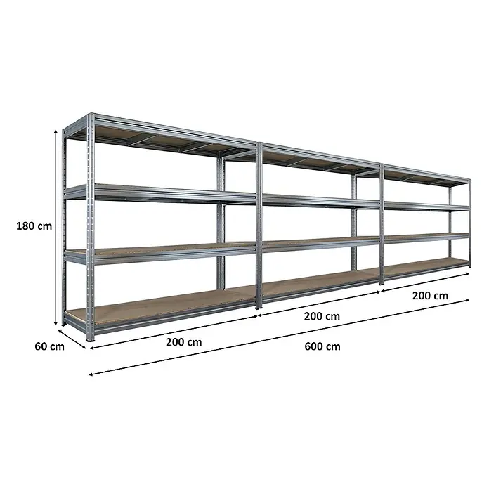 Mega Deal | 3x Schwerlastregal DINO | HxBxT 180x200x60cm | 4 Spanplatten-Ebenen 16mm | Fachlast 500kg | Verzinkt - 