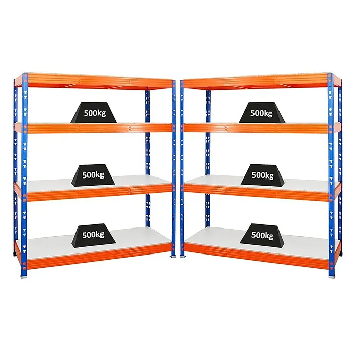 MegaDeal 2xProfi Schwerlastregal Rhino 180x160x60 4 Böden 500kg Blau-Orange -  - Zwei blau-orange Schwerlastregale mit weißen Böden, die jeweils drei 500kg Gewichte tragen.