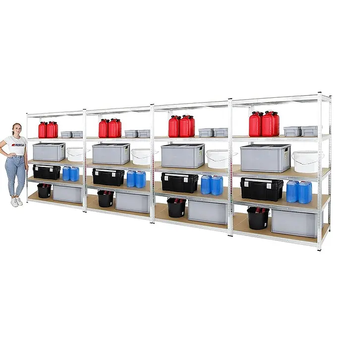 Set Deal 4x Schwerlastregal Ragnar 180x120x60cm 5 MDF-Böden 175kg Verzinkt -  - Vier robuste silberne Metallregale mit Holzplatten, gefüllt mit Lagerartikeln. Eine Person dient als Maßstab.