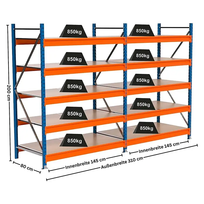 PROREGAL Industrie Weitspannregal Lagerregal MAXIMUS PRO Komplettregal: 2 Felder HxBxT 200x300x80cm 5 Ebenen, Spanplatten-Fachboden, Fachlast 850 kg Blau/Orange - 