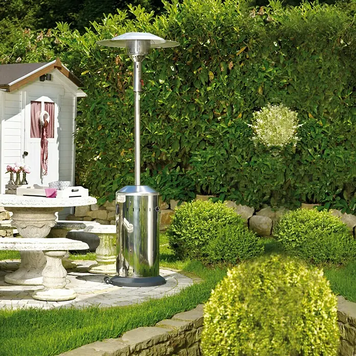 Enders Estufa de exterior Elegance - Potencia calorífica: 3,5 kW - 8 kW, Altura: 218 cm - Elegante foto exterior de un calentador de patio de acero inoxidable, que aporta calidez y estilo a cualquier jardín. Perfecto para largas noches de verano.