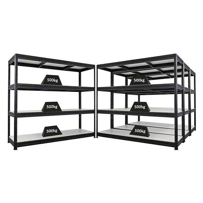 Mega Deal | 4x Schwerlastregal DINO | HxBxT 180x200x60cm | 4 Melamin-Ebenen 16mm | Fachlast 500kg | Schwarz - 