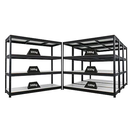 Mega Deal | 4x Schwerlastregal DINO | HxBxT 180x200x60cm | 4 Melamin-Ebenen 16mm | Fachlast 500kg | Schwarz