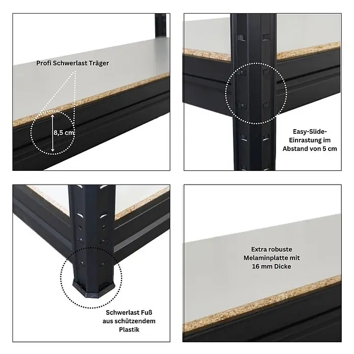 Mega Deal | 2x Schwerlastregal DINO | HxBxT 180x200x60cm | 4 Melamin-Ebenen 16mm | Fachlast 500kg | Schwarz - 