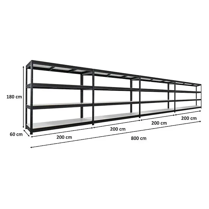 Mega Deal | 4x Schwerlastregal DINO | HxBxT 180x200x60cm | 4 Melamin-Ebenen 16mm | Fachlast 500kg | Schwarz - 
