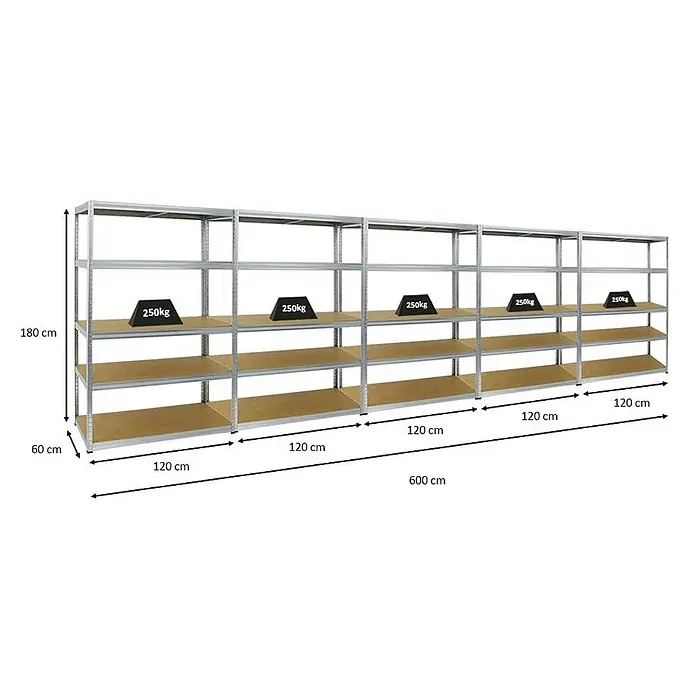 Mega Deal | 5x Schwerlastregal Big Elephant M | HxBxT 180x120x60 cm | Fachlast 250kg | Verzinkt -  - Fünfteiliges Metallregal mit Holzböden, 600x60x180 cm, 250kg Traglast pro Boden.