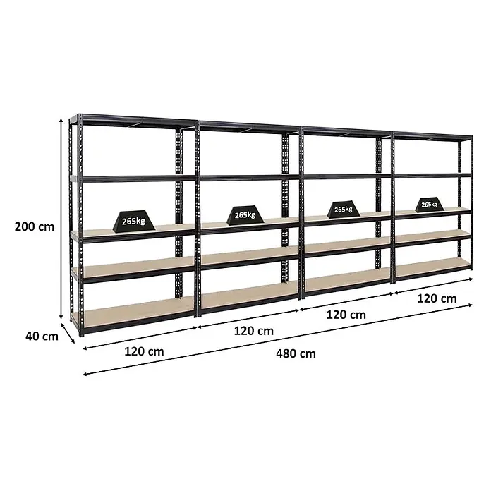 MegaDeal 4x Schwerlastregal Giant Tiger 200x120x40cm 265kg 5-Ebenen Schwarz - 