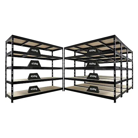 Mega Deal | 4x Profi Schwerlastregal Rhino | HxBxT 200x240x70cm | 5 Spanplatten-Ebenen 8mm | Fachlast 450kg | Schwarz