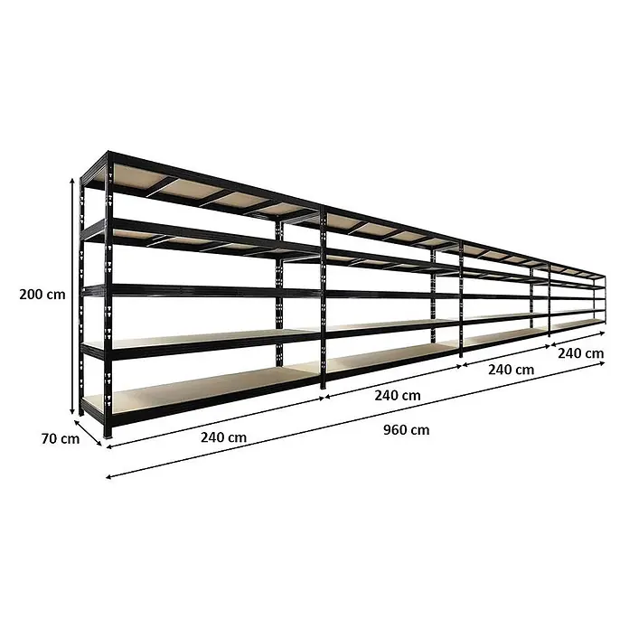 Mega Deal | 4x Profi Schwerlastregal Rhino | HxBxT 200x240x70cm | 5 Spanplatten-Ebenen 8mm | Fachlast 450kg | Schwarz - 