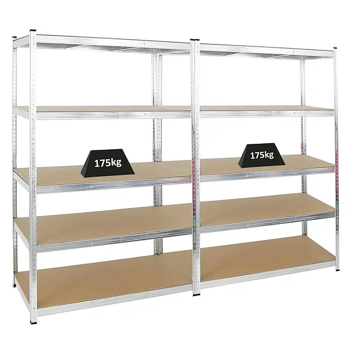 Set Deal 2x Kellerregal GORILLA   180x120x60cm Fachlast 175kg Verzinkt -  - Zwei verzinkte Stahlregale mit fünf braunen Böden, die eine Tragkraft von 175 kg pro Boden zeigen.
