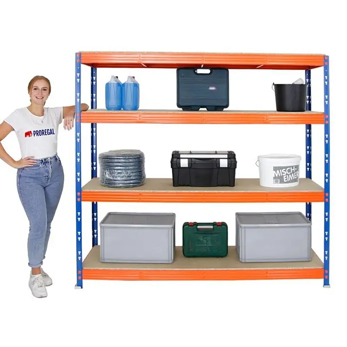 Mega Deal | 5x Profi Schwerlastregal Rhino | HxBxT 180x200x60cm | 4 Spanplatten-Ebenen 16mm | Fachlast 500kg | Blau-Orange - 