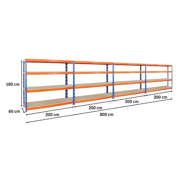 Mega Deal | 4x Profi Schwerlastregal Rhino | HxBxT 180x200x60cm | 4 Spanplatten-Ebenen 16mm | Fachlast 500kg | Blau-Orange - 
