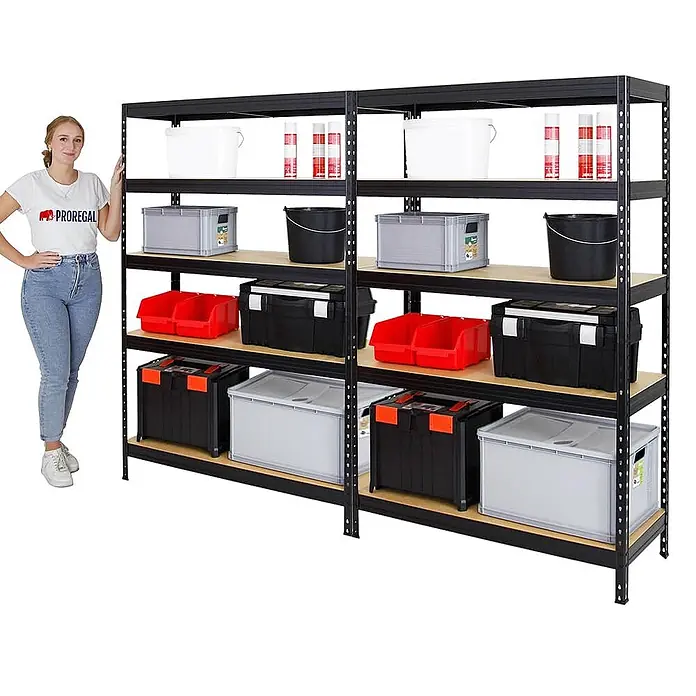 Mega Deal | 2x Schwerlastregal Rivet | HxBxT 180x120x45 cm | Fachlast 250kg | Schwarz - 