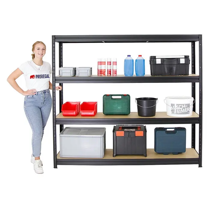 Mega Deal | 3x Schwerlastregal DINO | HxBxT 180x200x45 cm | 4 MDF-Platten-Ebenen 6,5 mm |  Fachlast 500kg | Schwarz - 