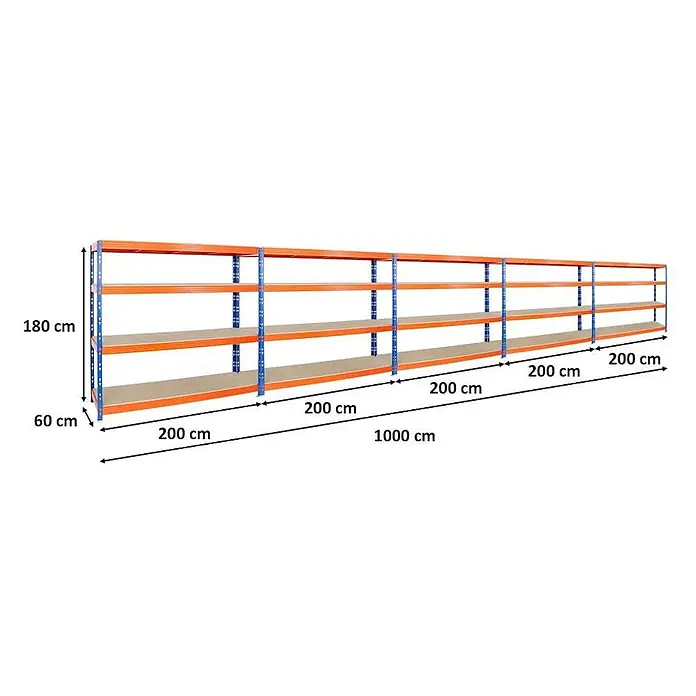 Mega Deal | 5x Profi Schwerlastregal Rhino | HxBxT 180x200x60cm | 4 Spanplatten-Ebenen 16mm | Fachlast 500kg | Blau-Orange - 
