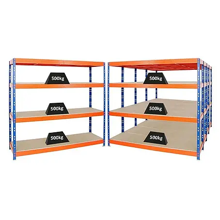 Mega Deal | 5x Profi Schwerlastregal Rhino | HxBxT 180x200x60cm | 4 Spanplatten-Ebenen 16mm | Fachlast 500kg | Blau-Orange