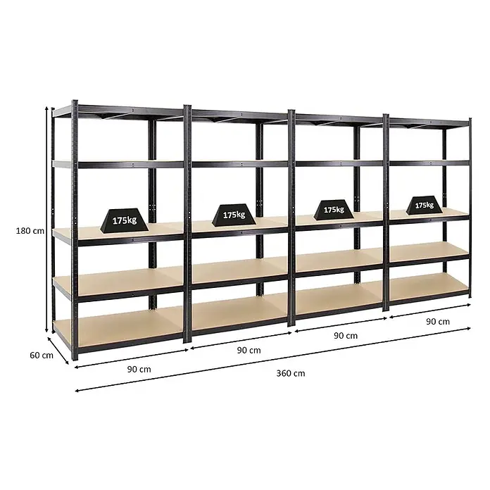 Mega Deal | 4x Schwerlastregal TAURUS | HxBxT 180x90x60cm | Fachlast 175kg | Schwarz - 