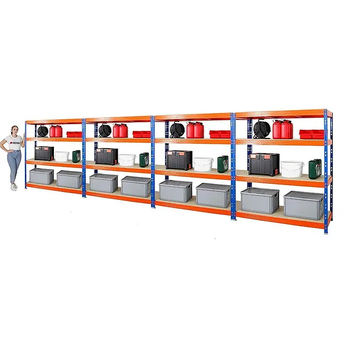 Mega Deal | 4x Profi Schwerlastregal Rhino | HxBxT 180x160x60cm | 4 Spanplatten-Ebenen 16mm | Fachlast 500kg | Blau-Orange - 