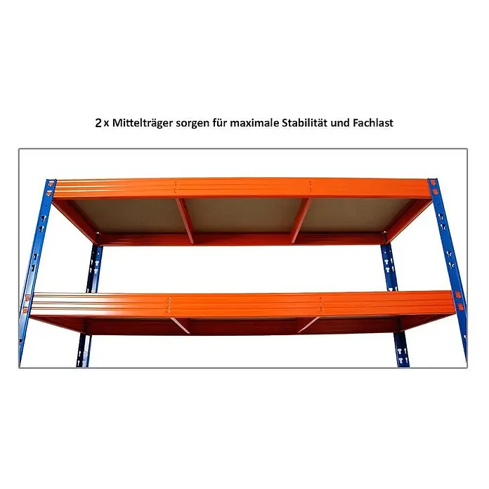 Mega Deal | 2x Profi Schwerlastregal Rhino | HxBxT 180x160x60cm | 4 Spanplatten-Ebenen 16mm | Fachlast 500kg | Blau-Orange - 