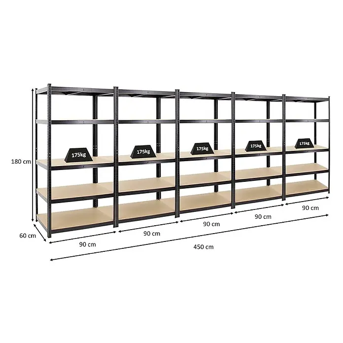 Mega Deal | 5x Schwerlastregal TAURUS | HxBxT 180x90x60cm | Fachlast 175kg | Schwarz - 