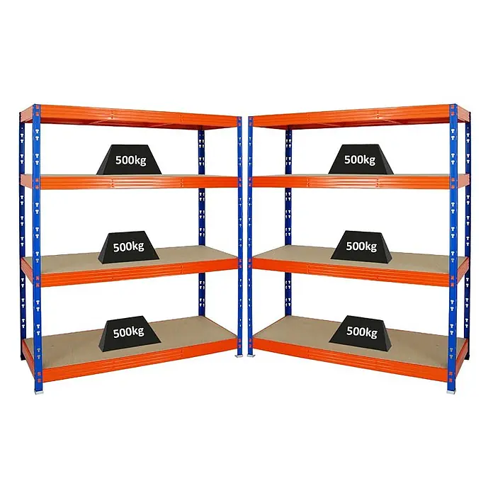MegaDeal 2xProfi Schwerlastregal Rhino 180x160x60 4 Böden 500kg Blau-Orange -  - Zwei orange-blaue Schwerlastregale mit je vier Böden, die 500kg Gewichte tragen, um die hohe Tragfähigkeit zu demonstrieren.