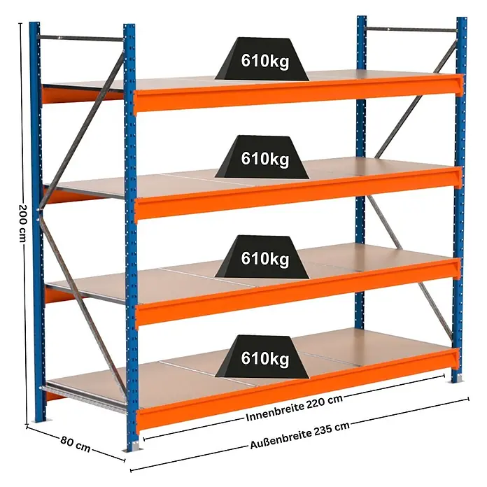 PROREGAL Industrie Weitspannregal Lagerregal MAXIMUS PRO Grundregal HxBxT 200x225x80cm 4 Ebenen, Spanplatten-Fachboden, Fachlast 610 kg Blau/Orange - 